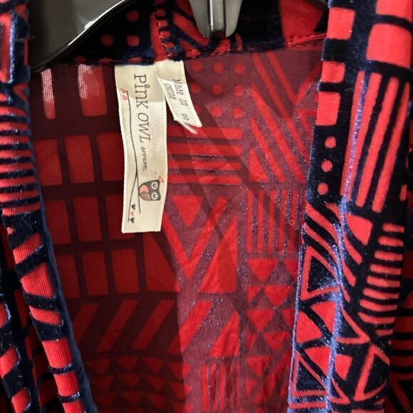 Pink Owl Red Velvet Blue Print Open Shawl Size Small - Picture 4 of 13